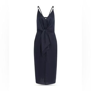 REISS Kay Tie Detail Navy Linen MIDI Dress Size 12 Quiet Luxury Preppy Wedding